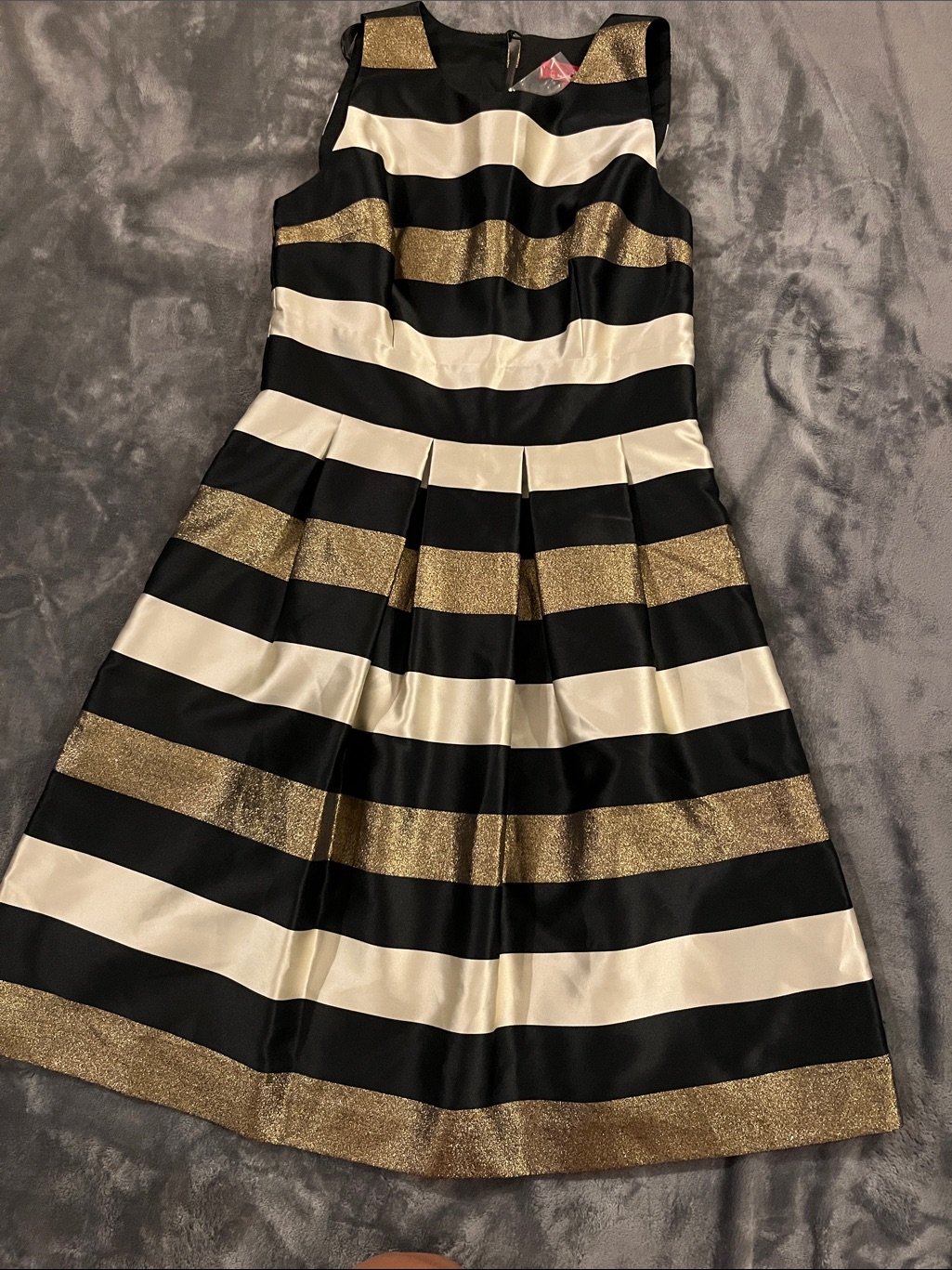 Striped Fit & Flare Mini Dress In Black, White & Gold